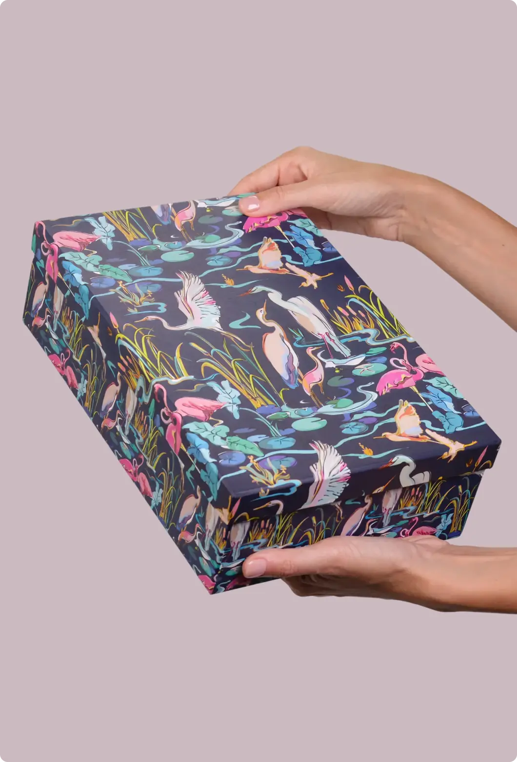 Decorative box with wetland surface design featuring herons, flamingos, reeds, and lily pads