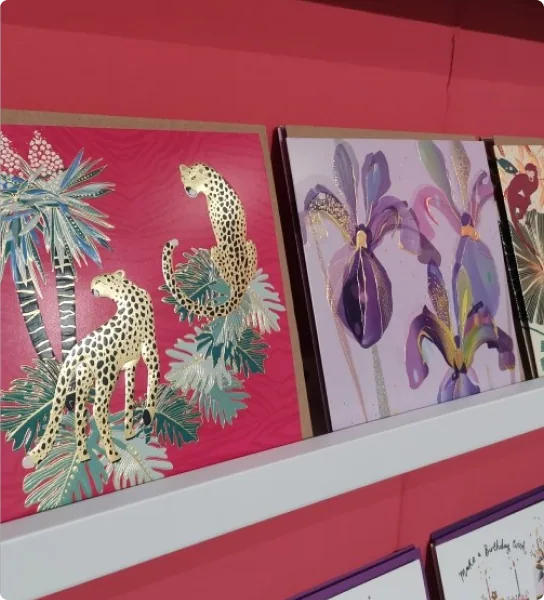 Leopard and floral art prints on display